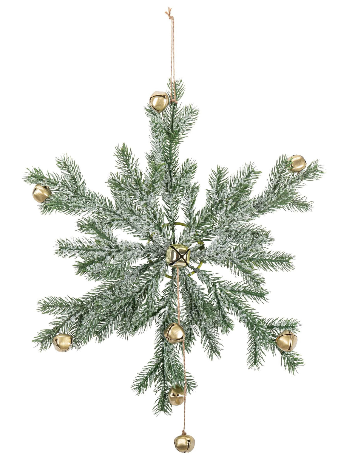 Suspensão floco de neve ramos de pinheiro para natal verde nevado com guizos dourado