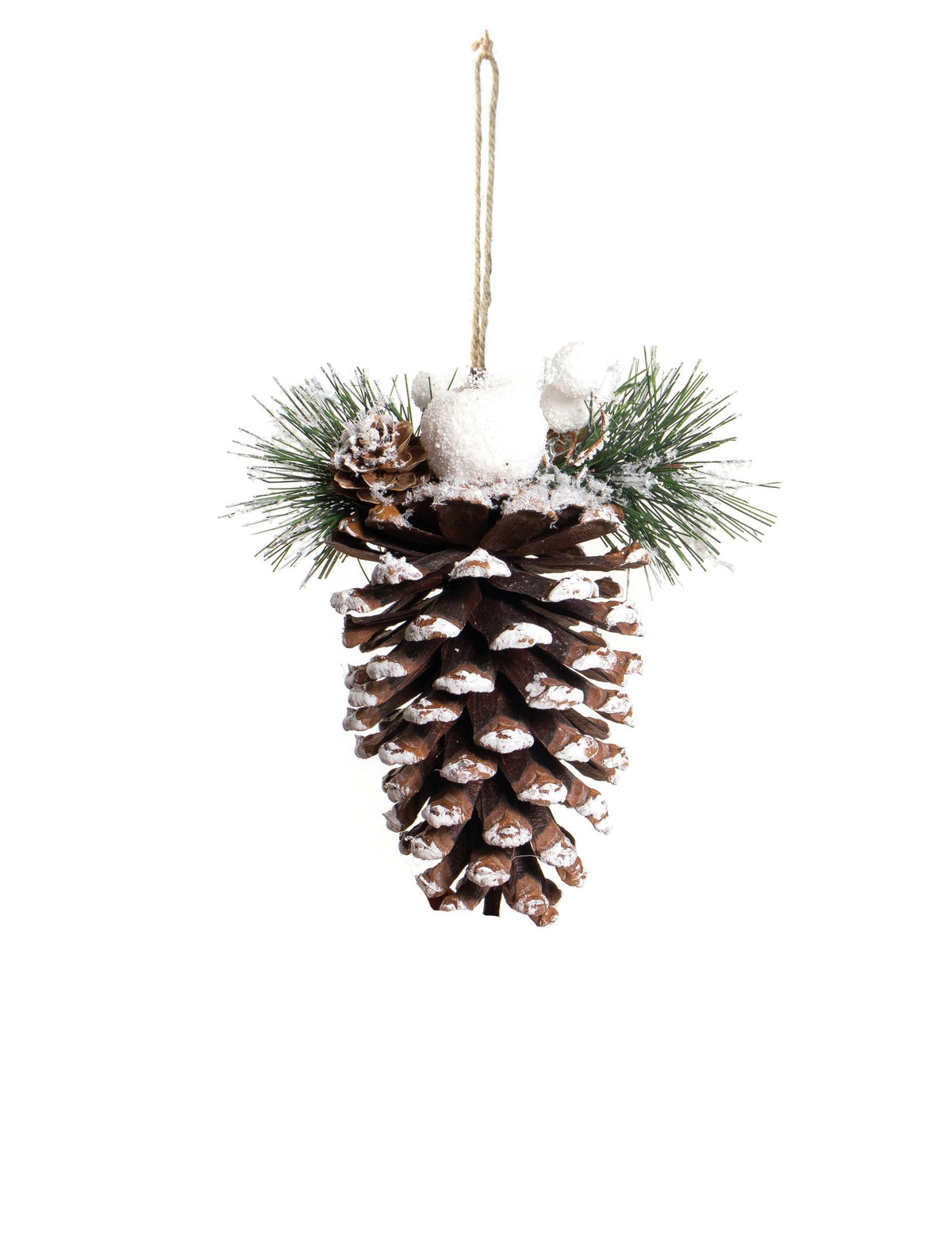 Suspension pomme de pin pour décoration de Noël marron et blanc enneigée