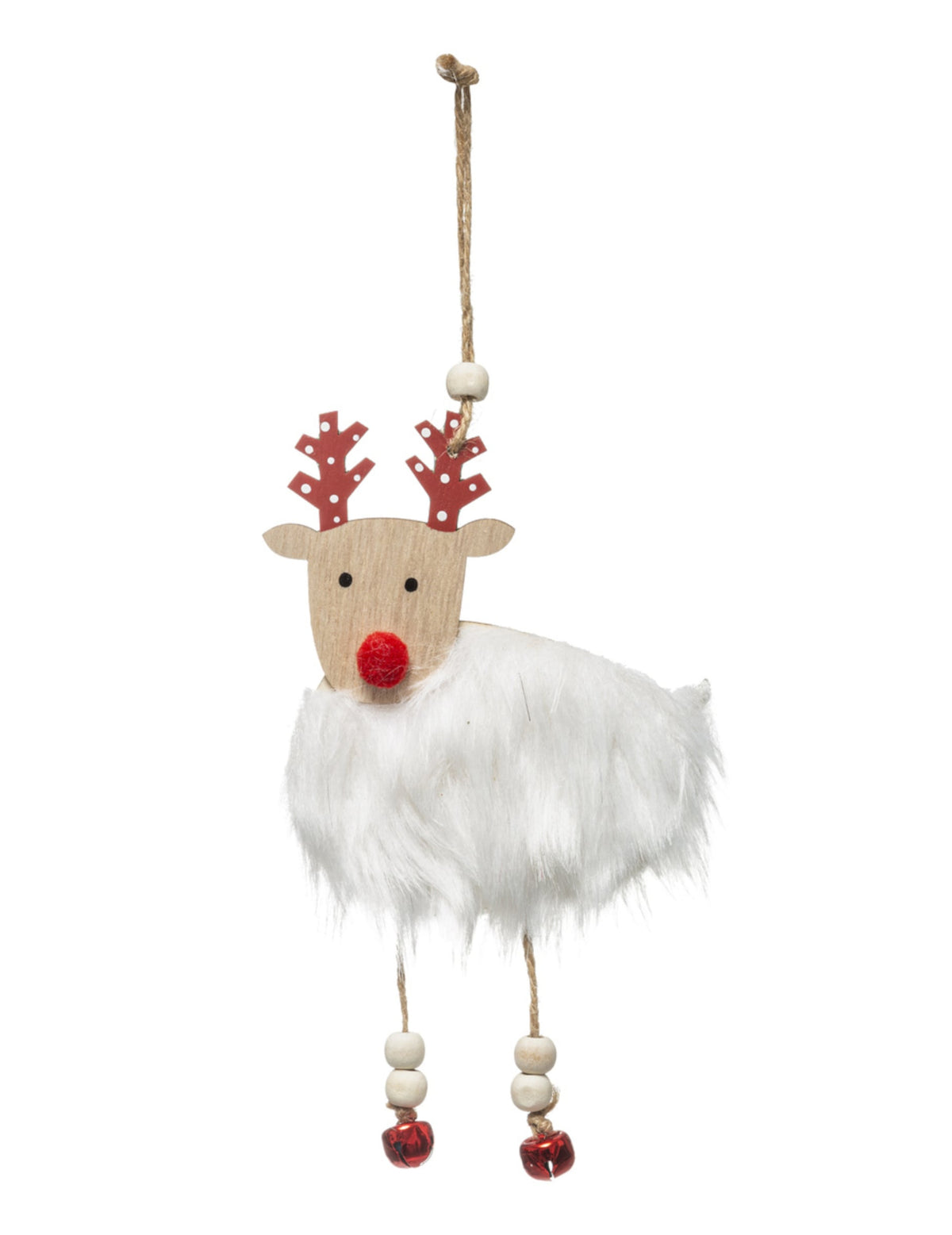 Suspension renne en bois pour décoration avec fourrure blanche et grelots rouges