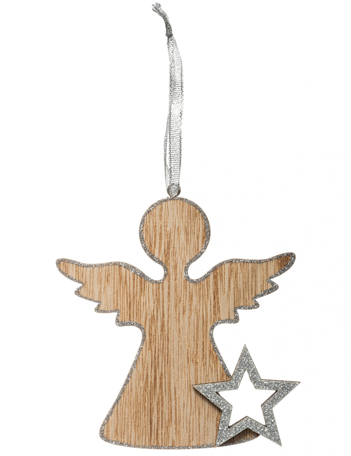 Suspensão de madeira anjo para árvore de natal prateado com lantejoulas e estrela