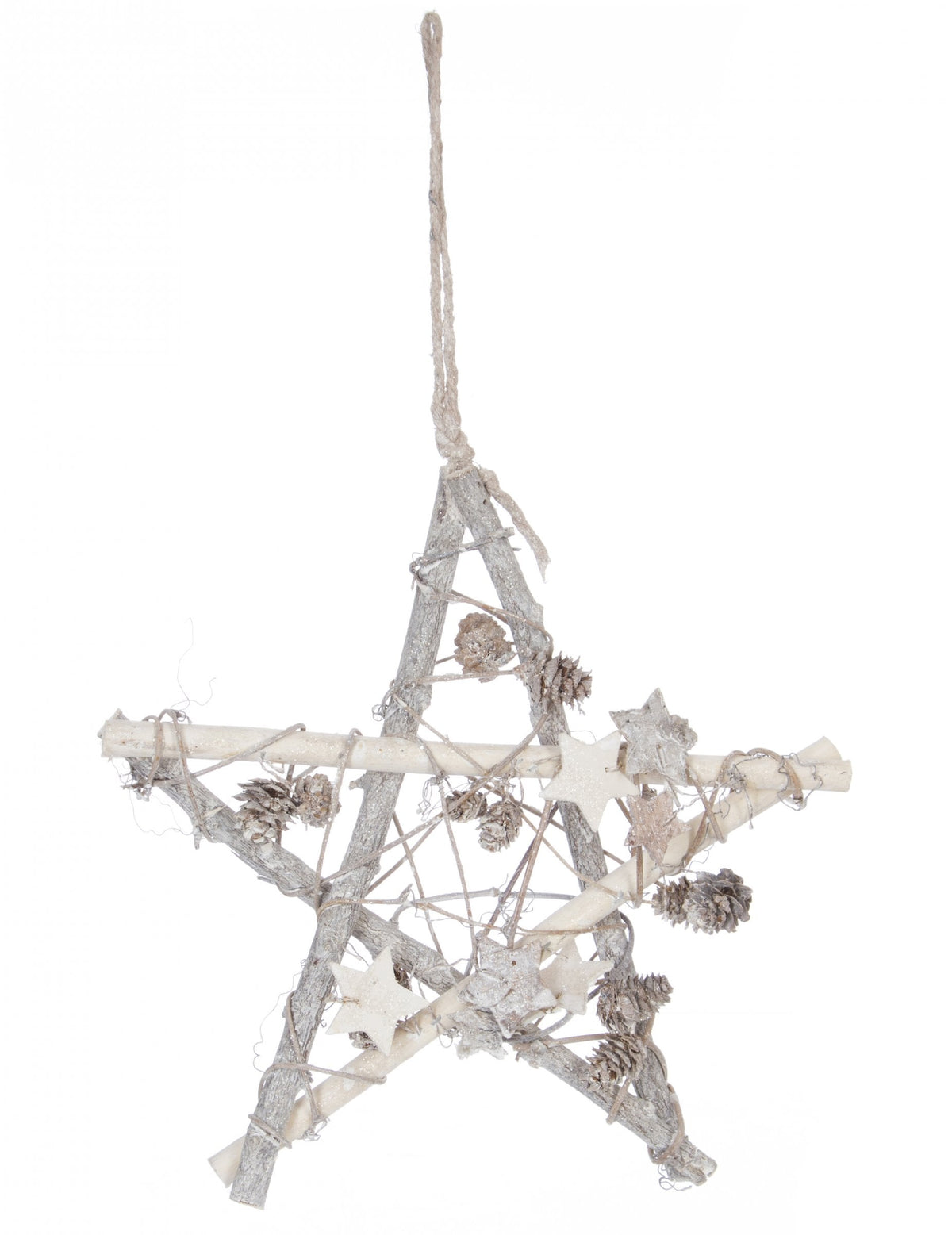 Suspensão em madeira estrela polar para decoração branca e prateada com pinhas