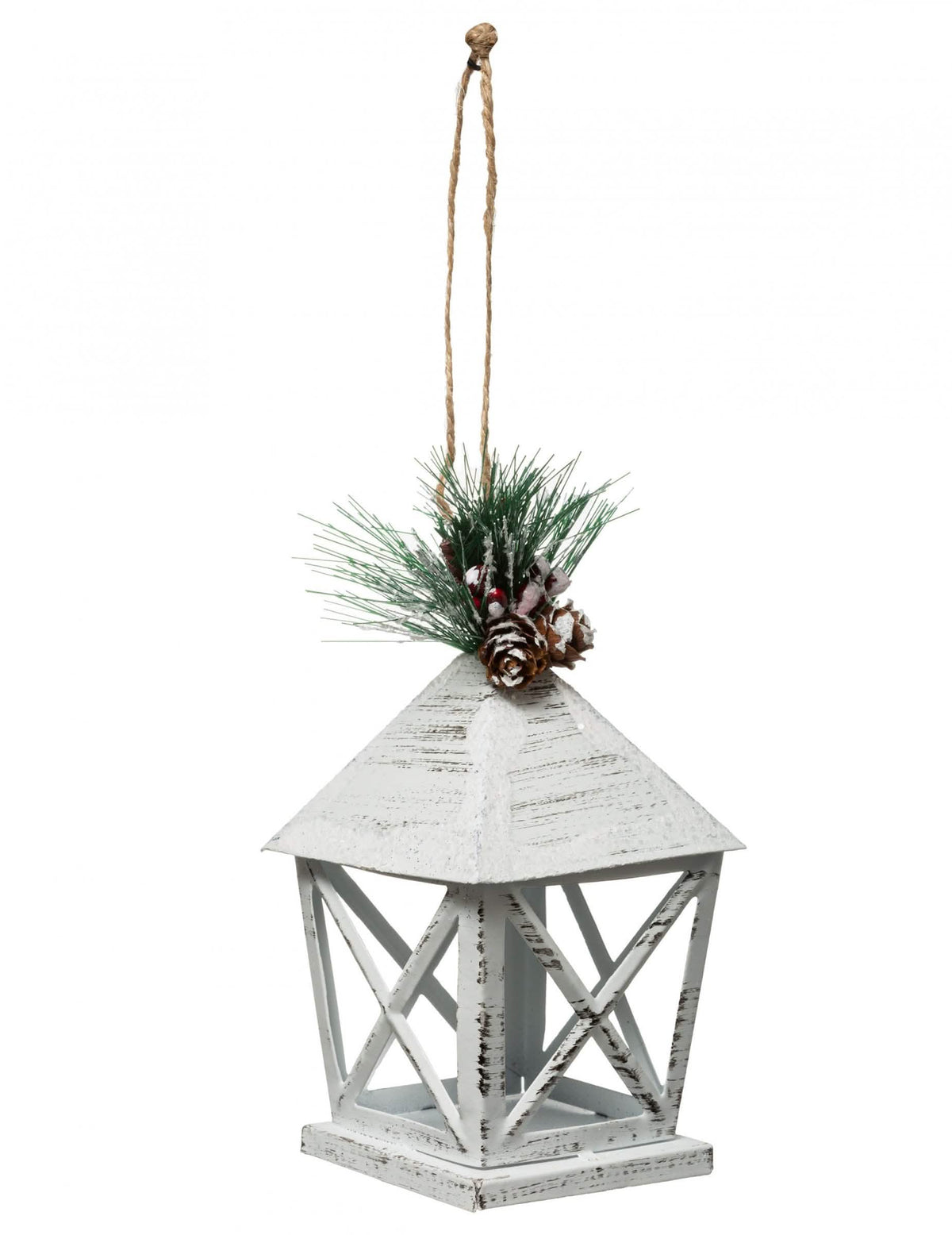 Suspensão para árvore de natal lanterna branca em metal com pinhas