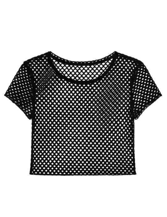 Vue à plat du T-shirt résille pour femme noir