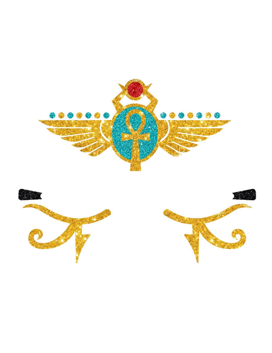 Détail des motifs de scarabée et d'yeux des tatouages pailletés reine d'Egypte