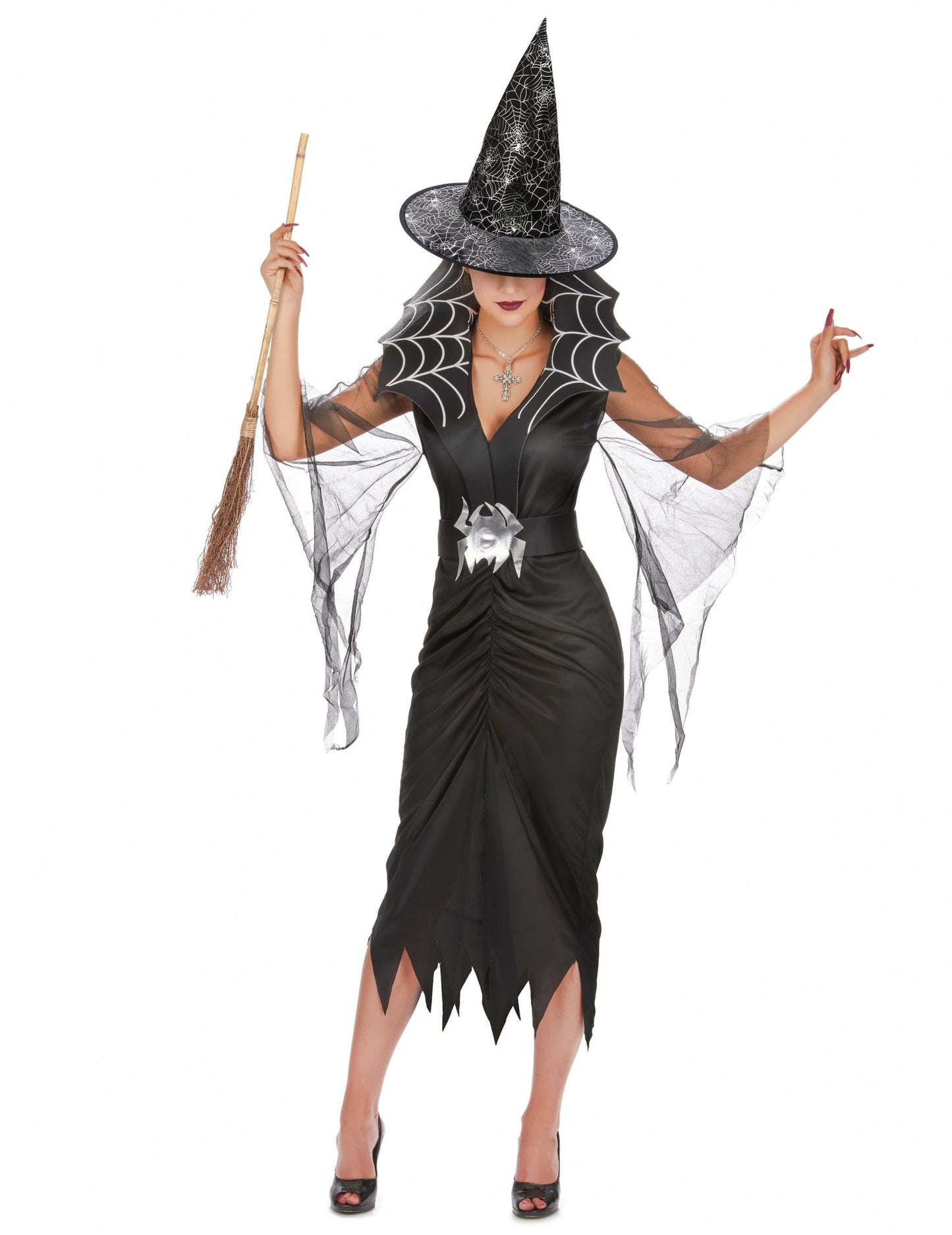 Pack disfarce de bruxa aranha mulher com vassoura e chapéu Halloween