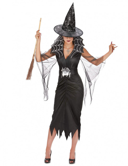Pack disfarce de bruxa aranha mulher com vassoura e chapéu Halloween