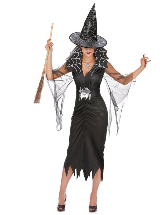Pack disfarce de bruxa aranha mulher com vassoura e chapéu Halloween
