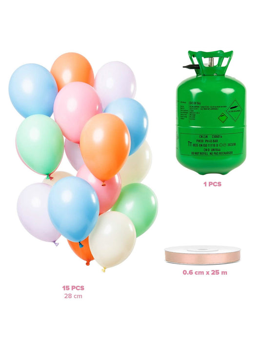 Kit de cilindros de hélio com 15 balões em tons pastel e fita de cetim