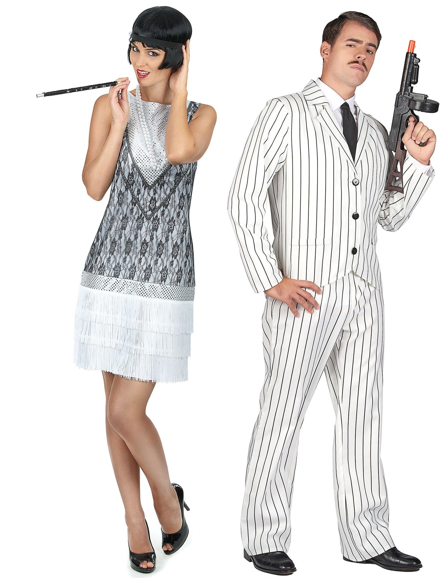 Disfarce de casal gangster branco e charleston branco adulto