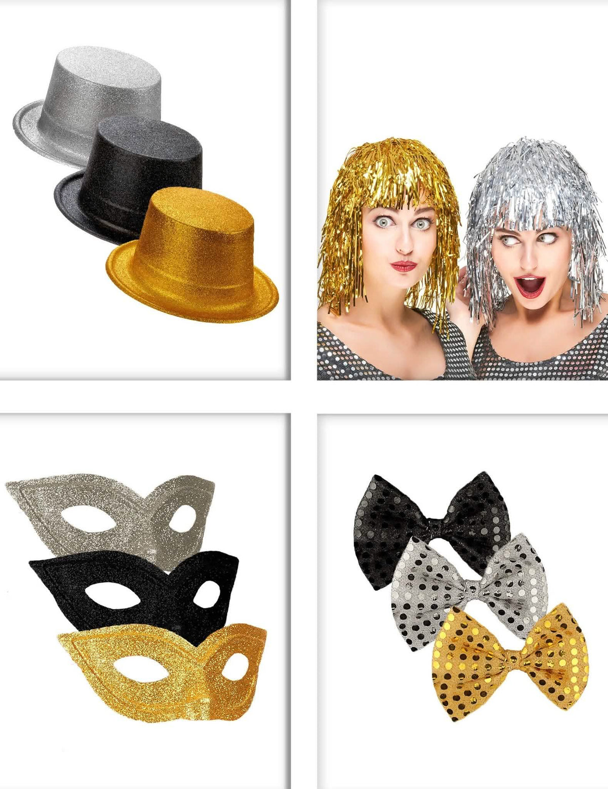 Pack acessórios de festa preto, dourado, prateado