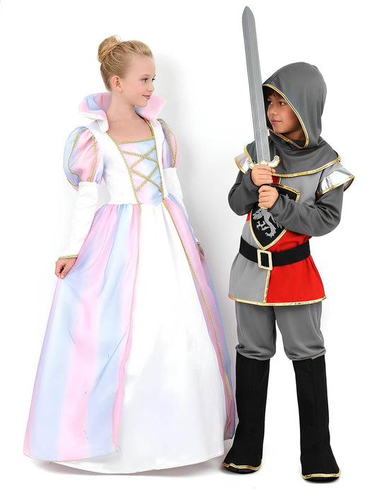 Vue d'ensemble du déguisement de couple chevalier et princesse pour enfant