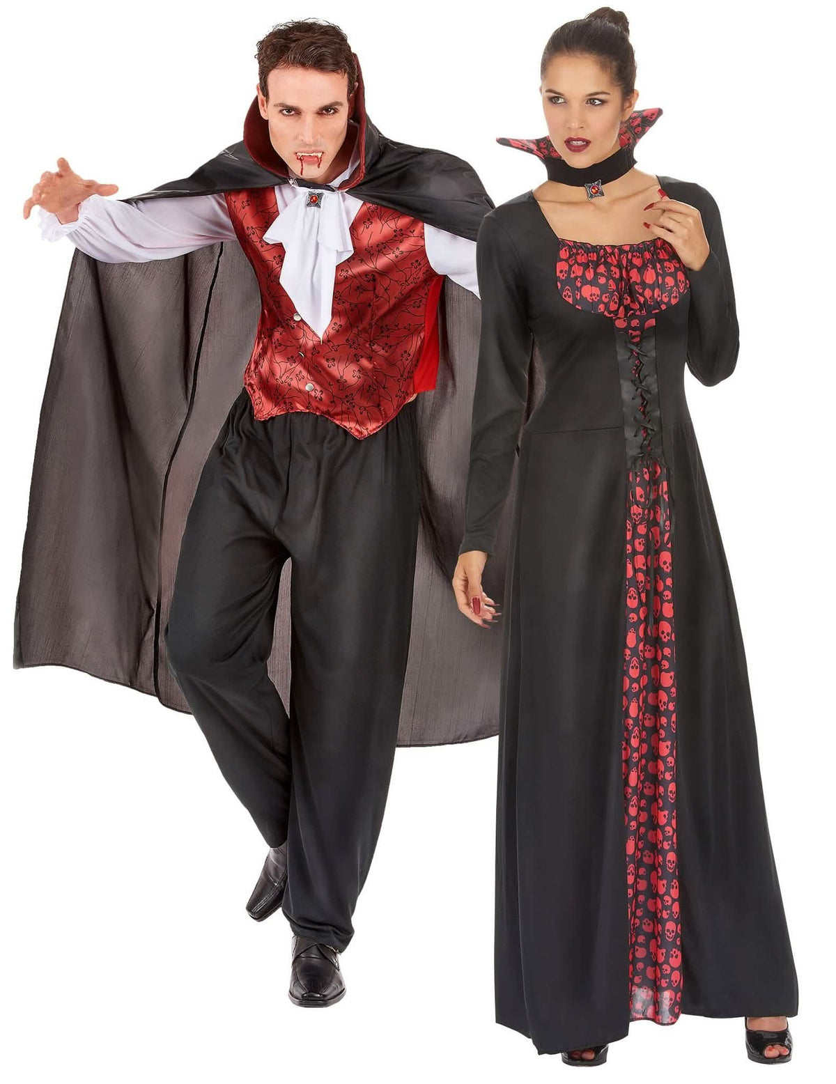 Terrível fantasia de casal de vampiros vermelhos para adulto Halloween