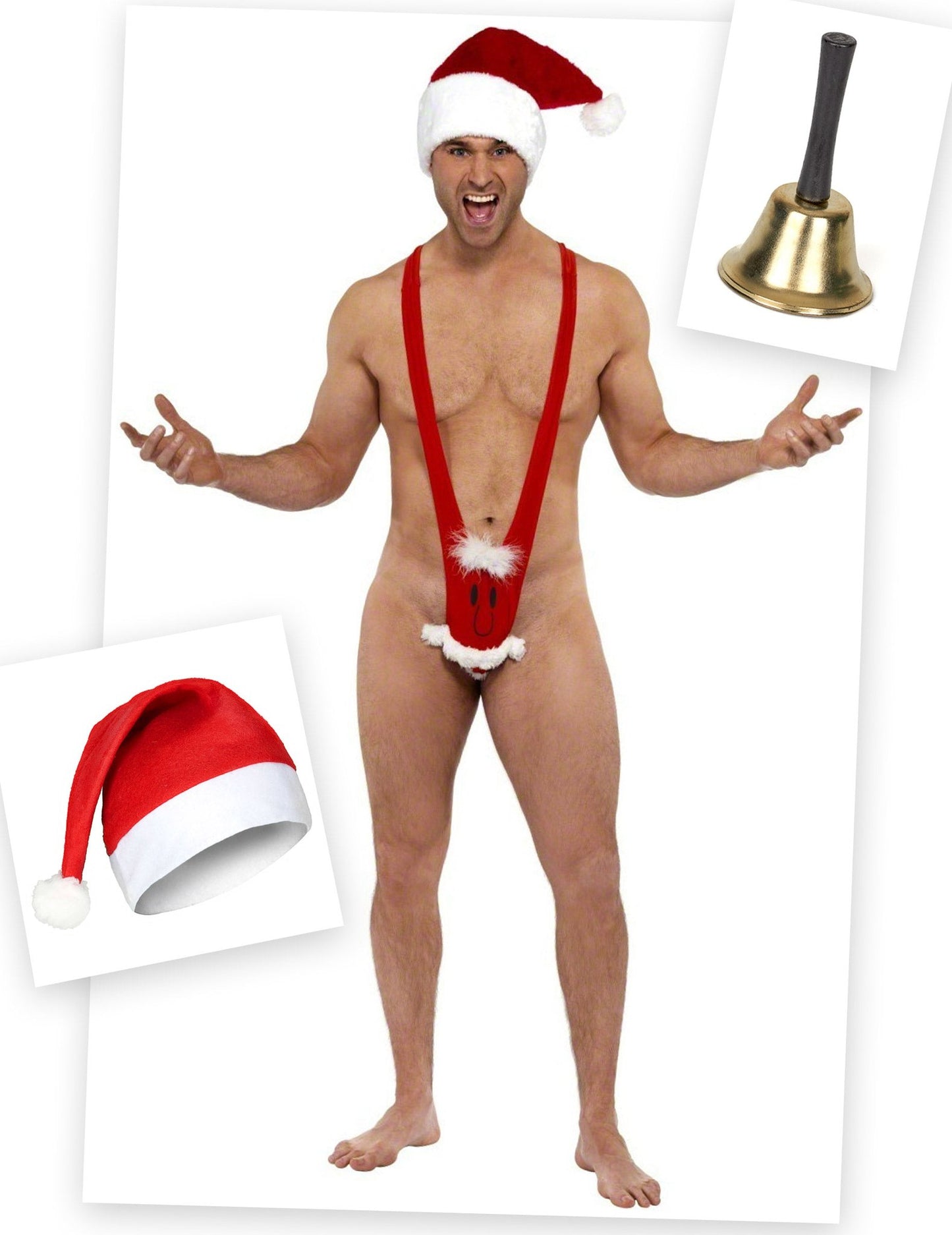 Pack disfarce Mankini pai Natal com gorro e sino