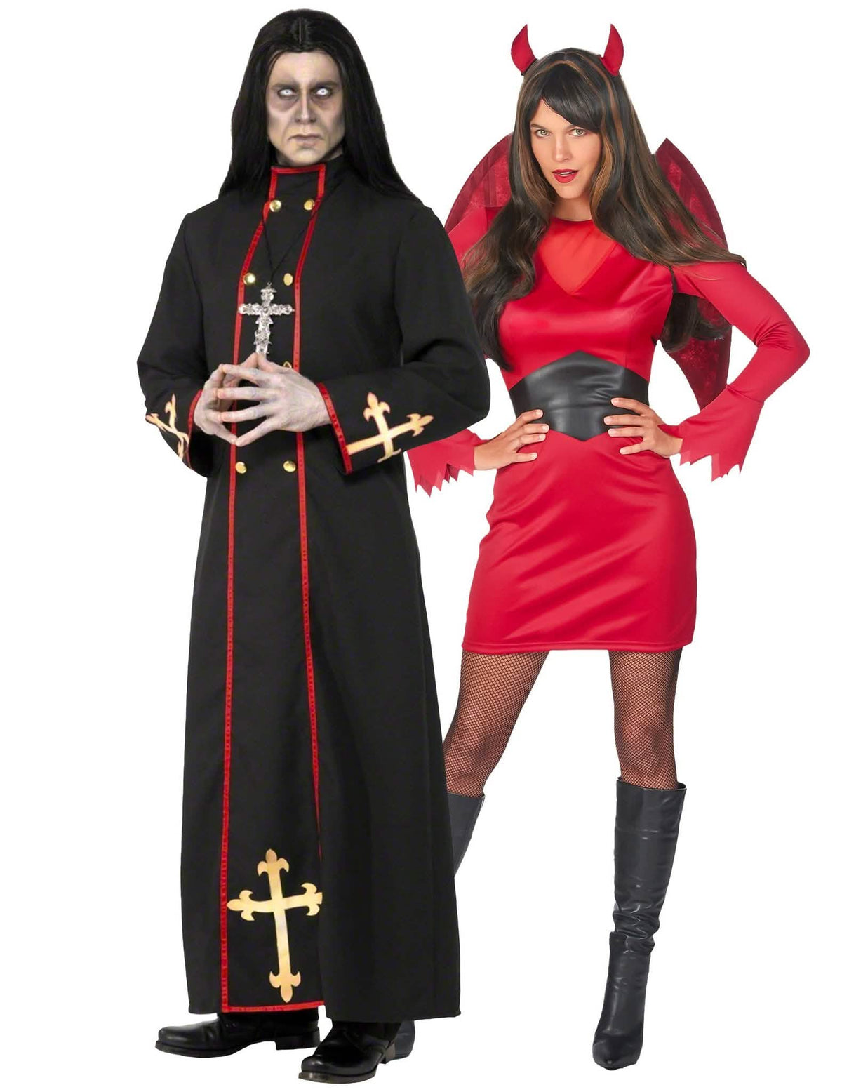 Diabo demoníaco vermelho e preto e fantasia de casal de monge para Halloween