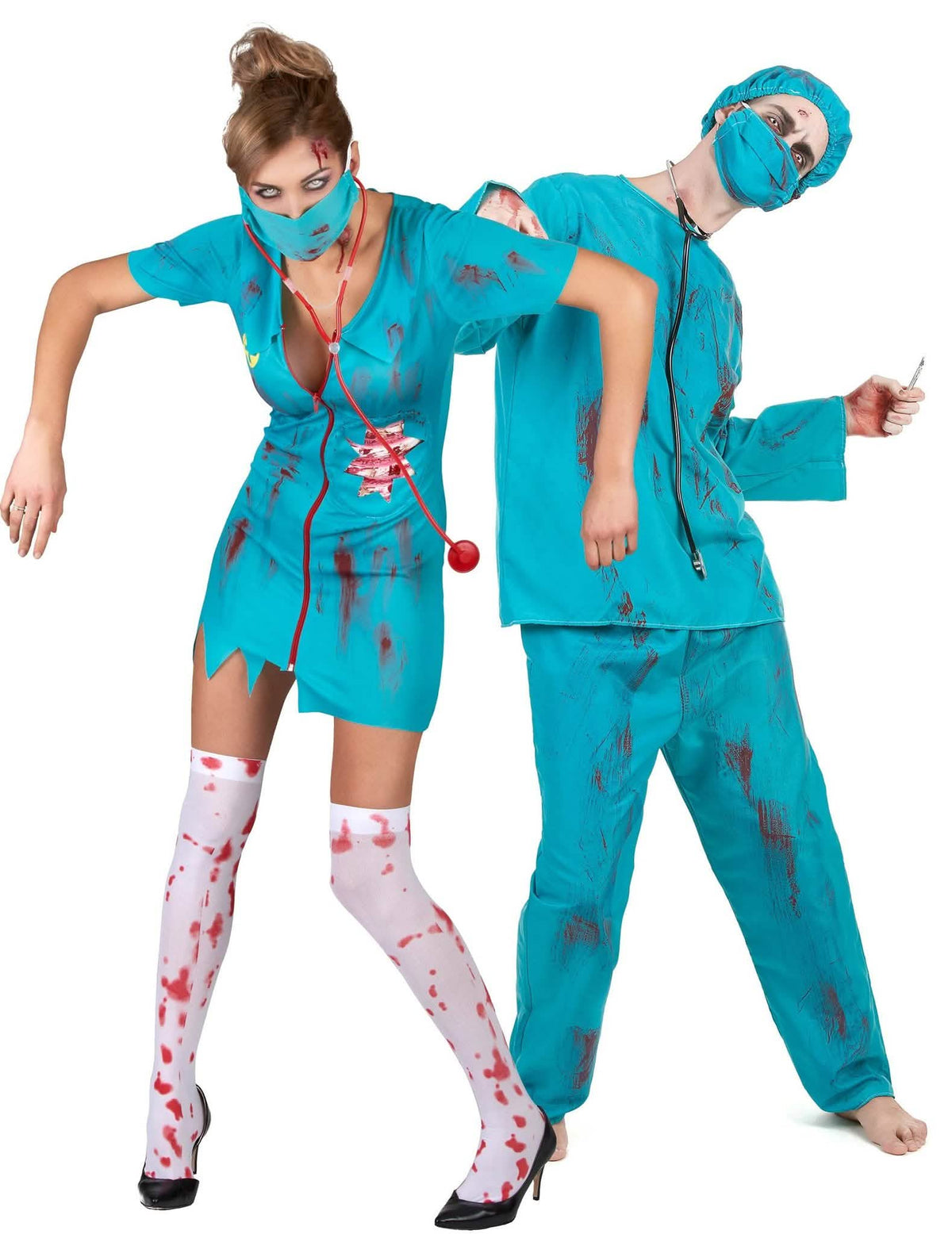 Fantasia de casal adulto de enfermeira zumbi e cirurgião para Halloween