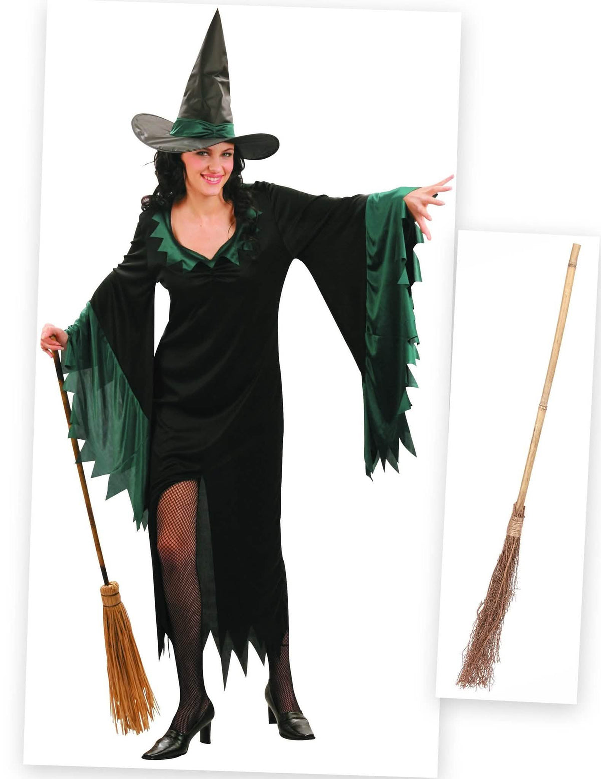 Pack disfarce de bruxa mulher com vassoura Halloween