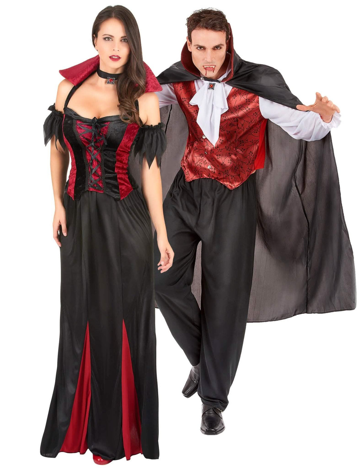 Traje adulto de casal de vampiros morcego vermelho de Halloween