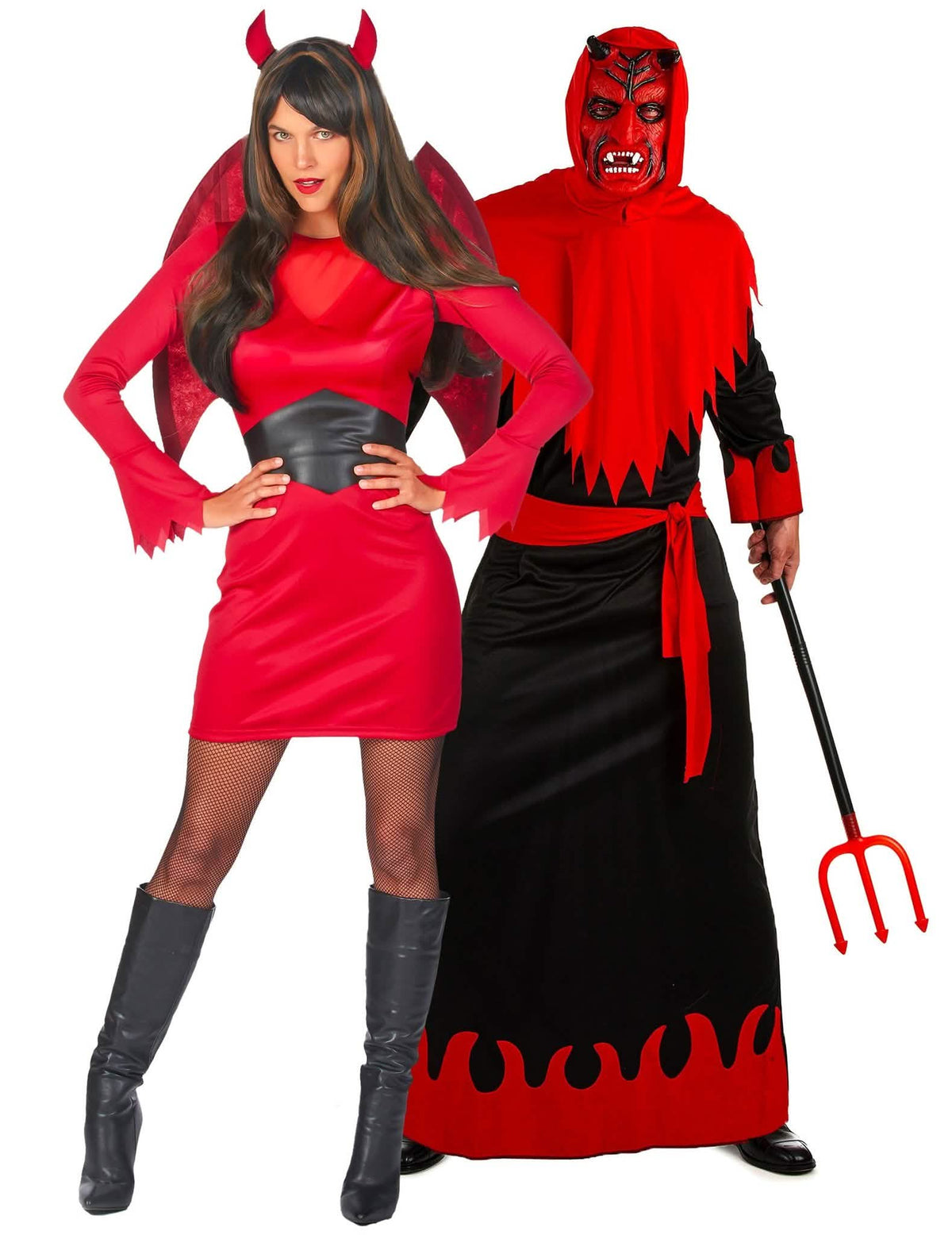 Fantasia demoníaca vermelha de casal de diabo e diabo para Halloween adulto