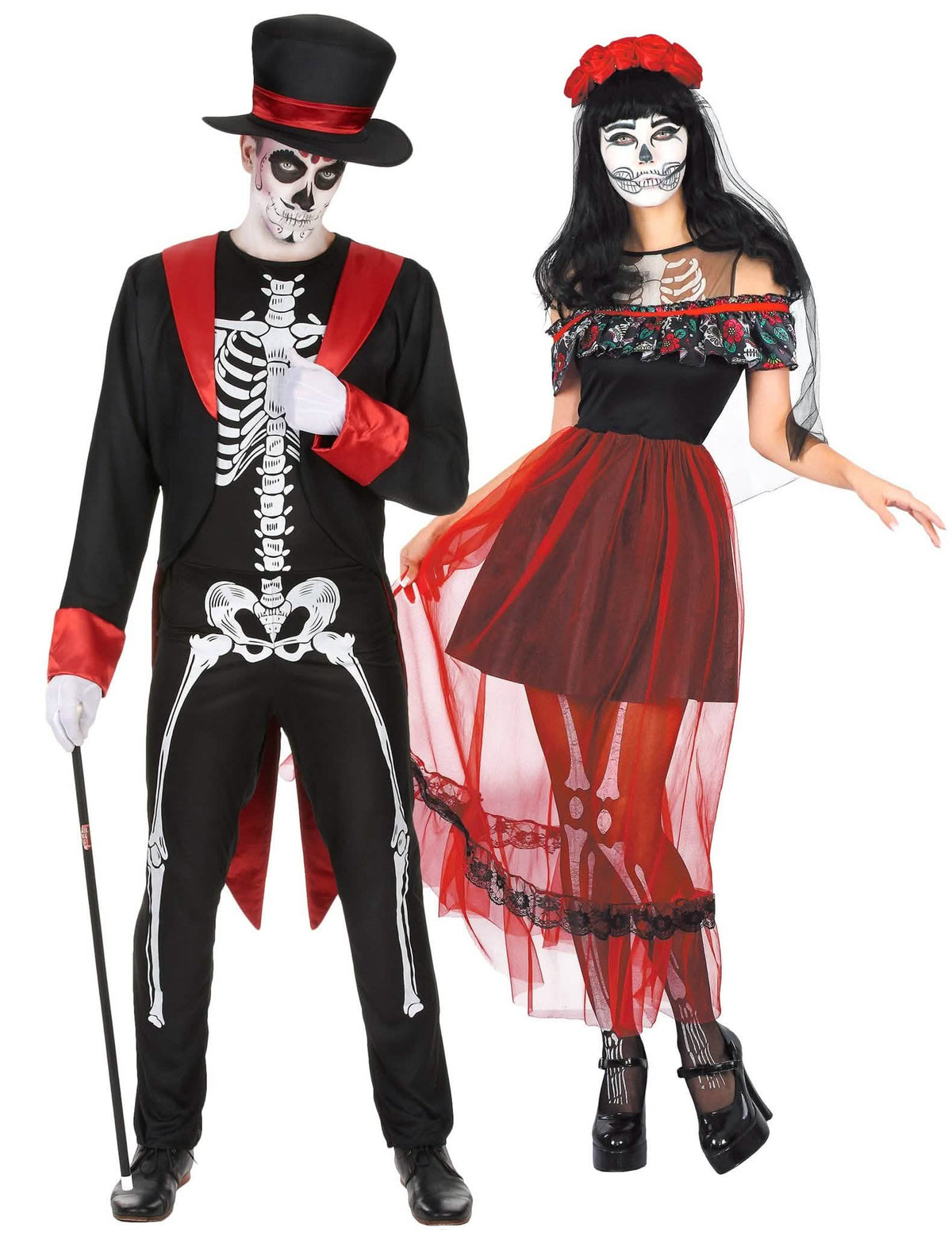 Disfarce de casal esqueleto chique Dia de los Mortos vermelho e preto Halloween adulto