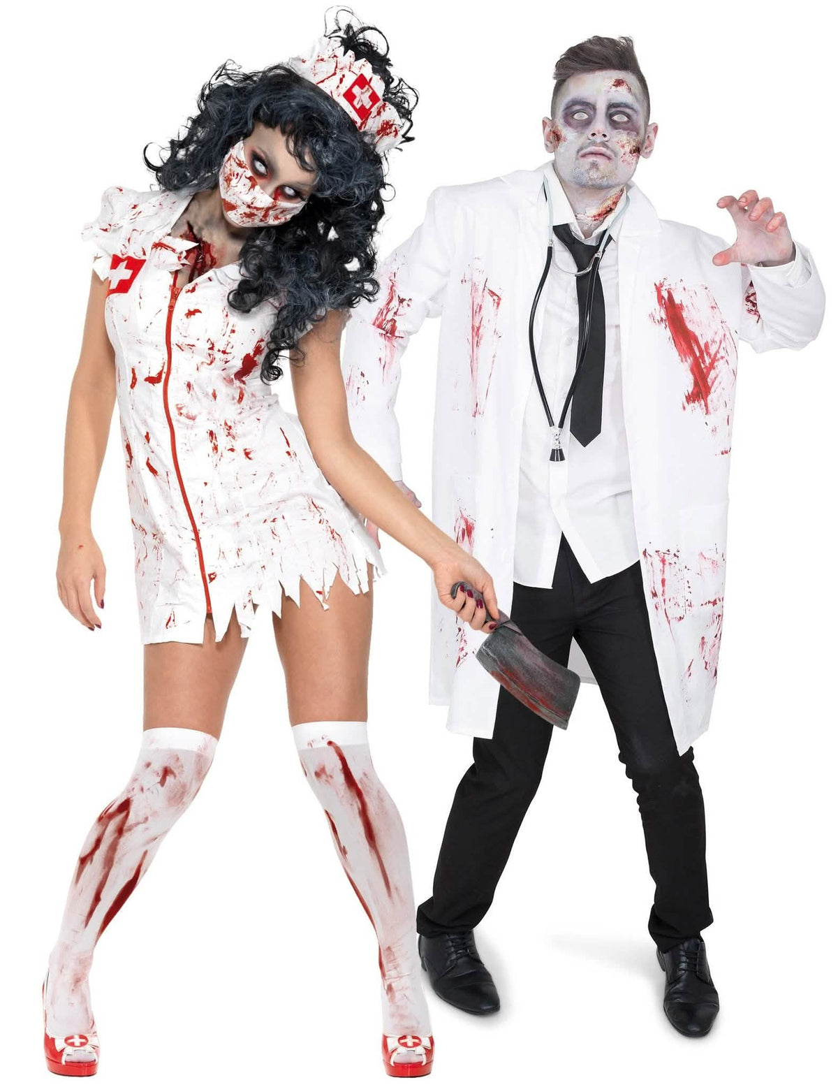 Fantasia adulta de casal zumbi de médico e enfermeira para Halloween