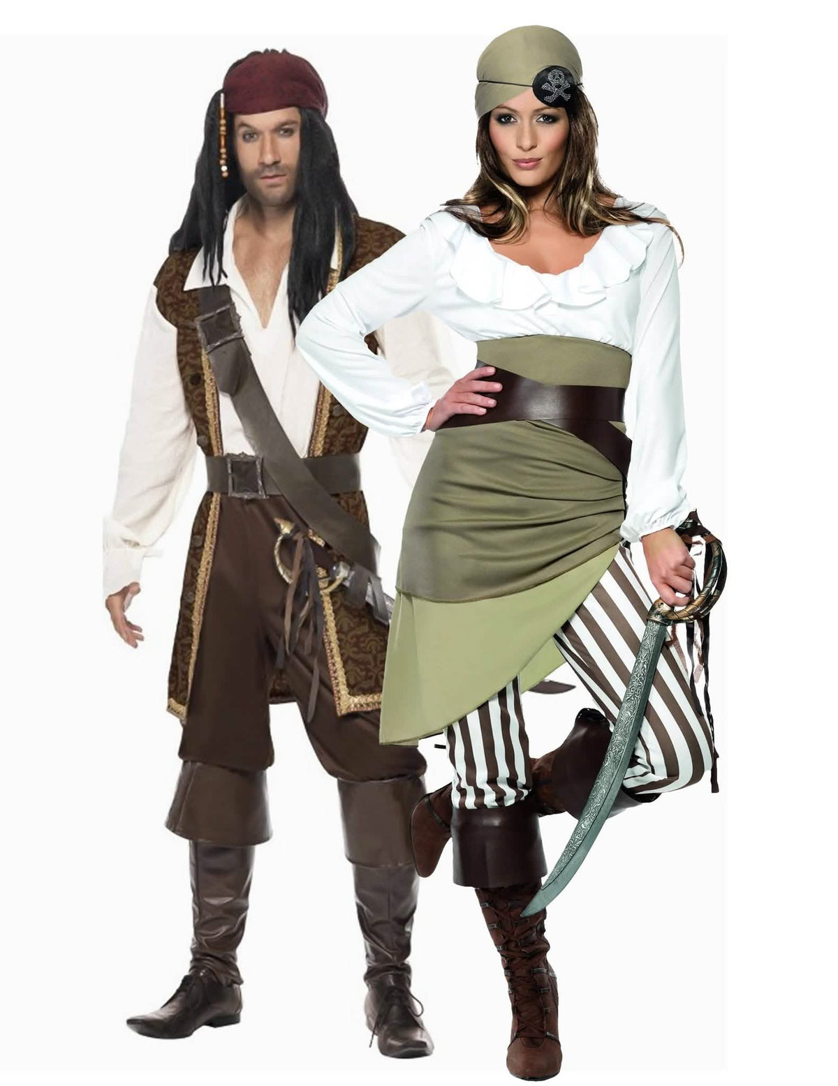 Disfarce de casal pirata marrom e verde para adulto
