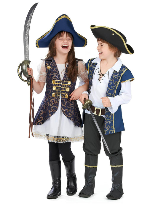 Vue d'ensemble du déguisement de couple capitaines pirates chic pour enfants