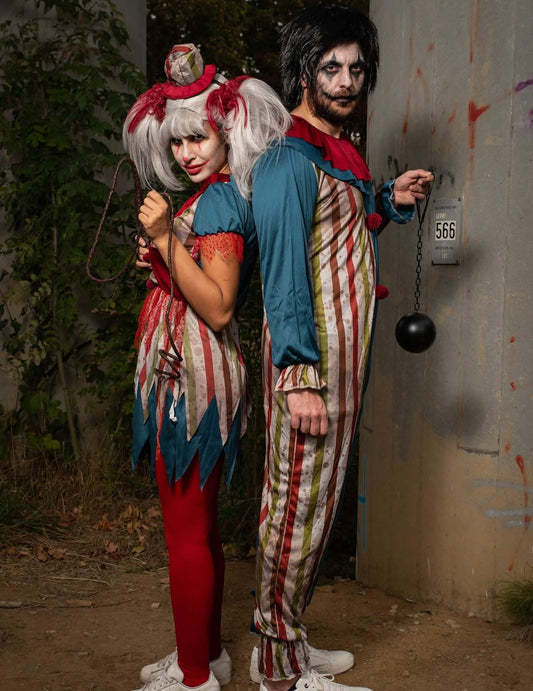 Fantasia de casal palhaço colorido de Halloween