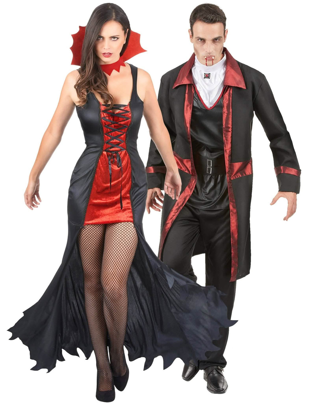 Fato de casal de vampiros de Halloween vermelho e preto para adulto