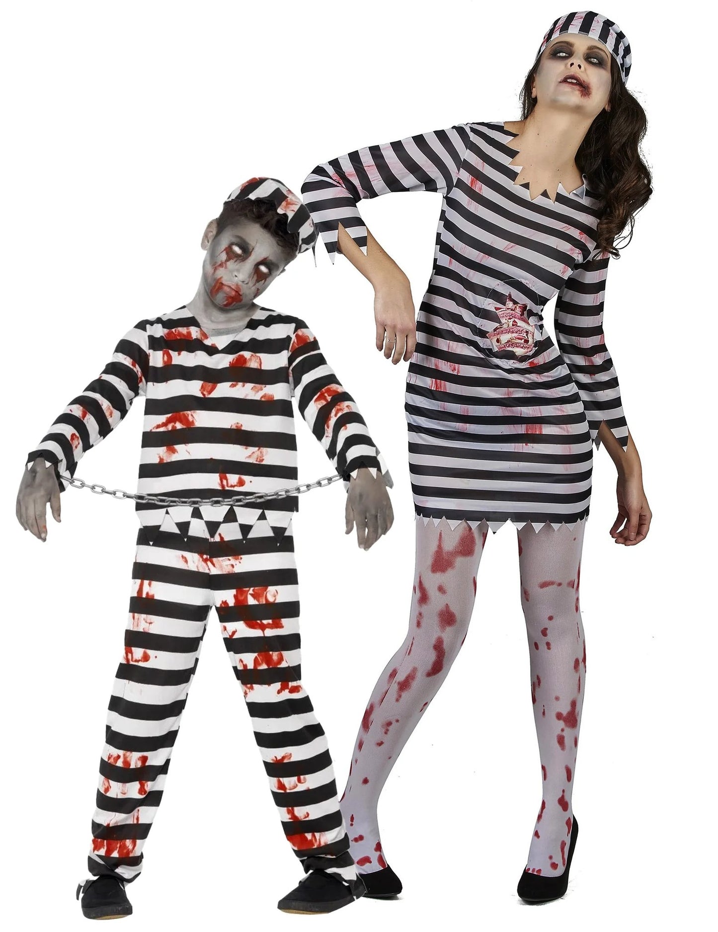 Fato de casal de prisioneiros zombies mãe e filho para o Halloween