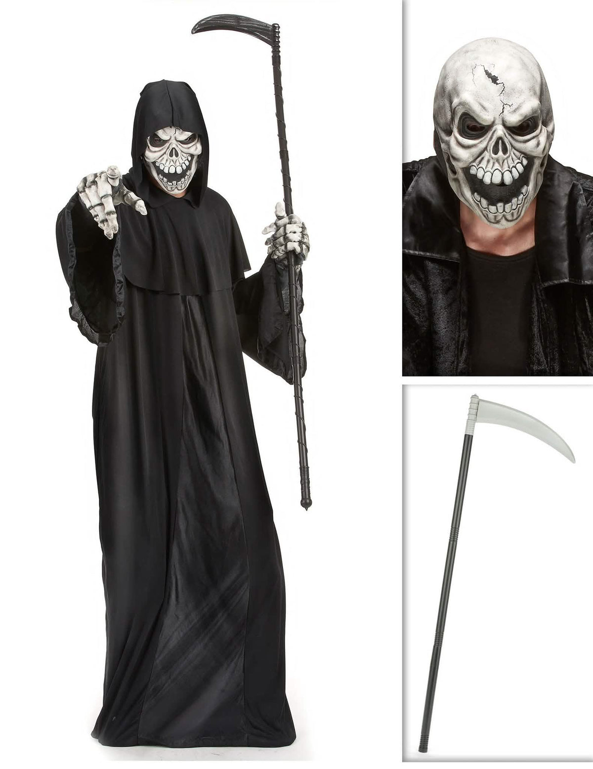 Pack disfarce senhor da morte com máscara e foice Halloween