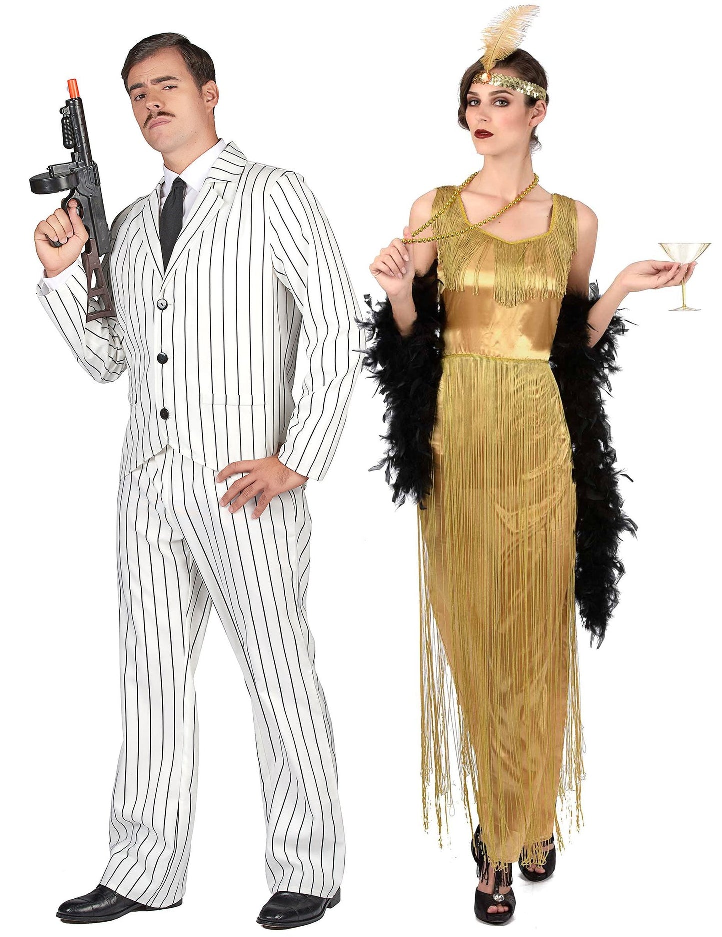 Disfarce de casal gangster branco e charleston com franjas adulto
