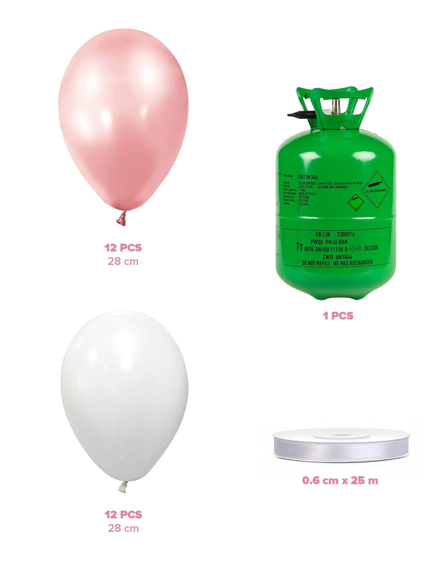 Kit de cilindros de hélio com 12 balões rosa-dourados 12 balões brancos e fita