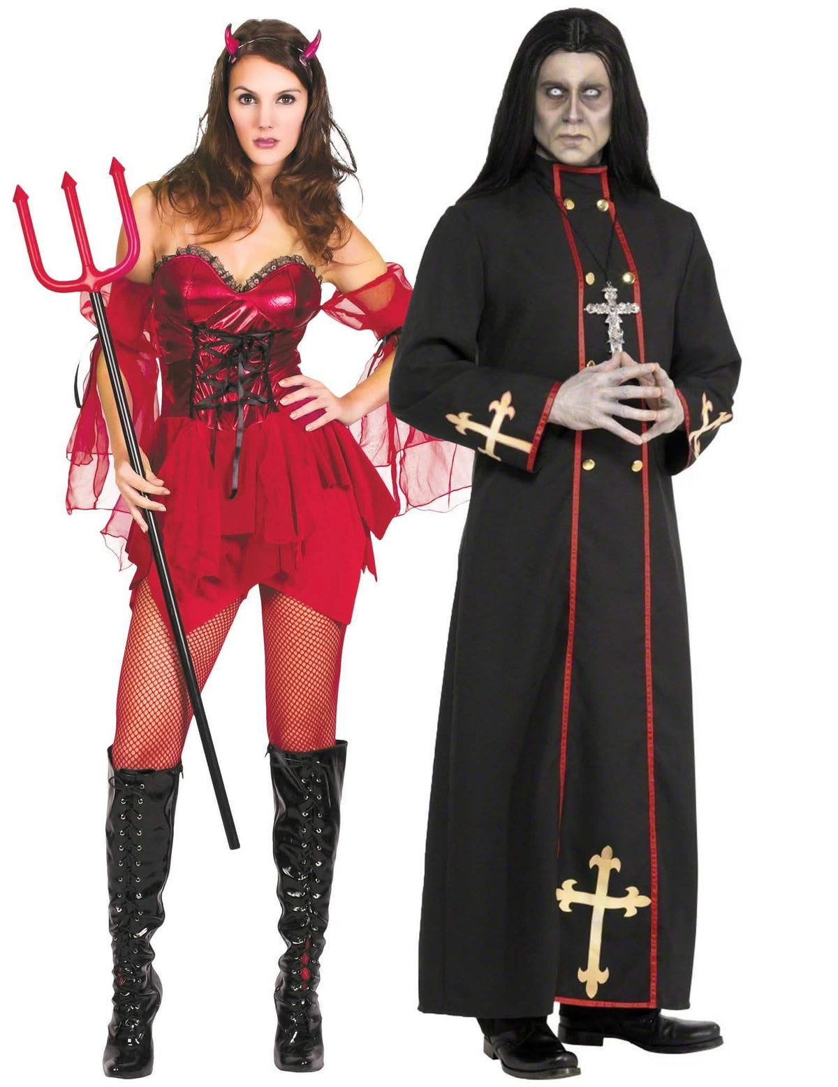 Fantasia sexy de casal de diabo e monge demoníaco para Halloween adulto