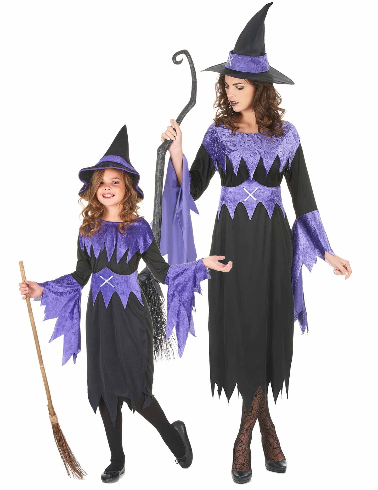 Disfarce de casal bruxa lilás mãe e filha Halloween