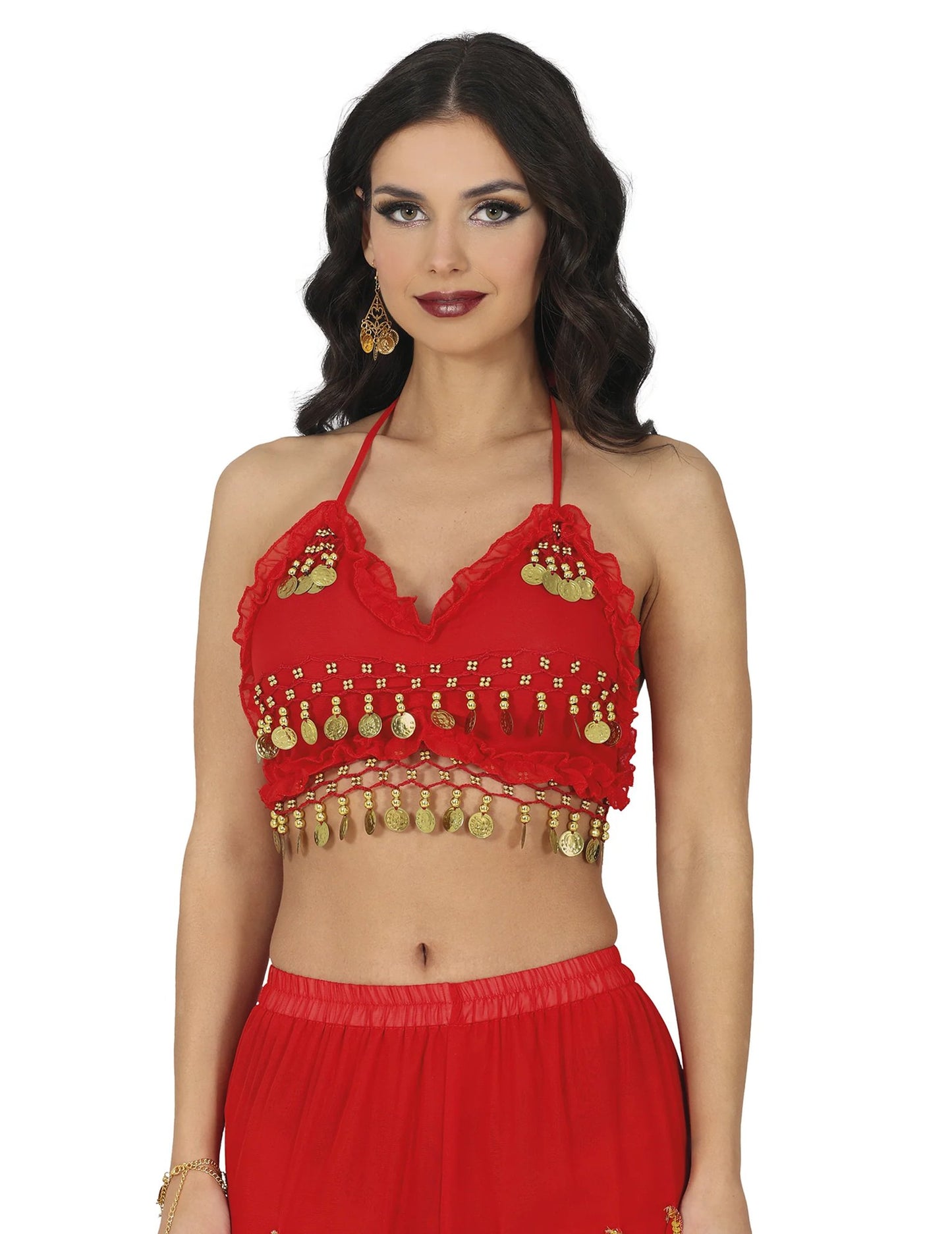Disfarce completo de dançarina oriental vermelho e preto para mulher