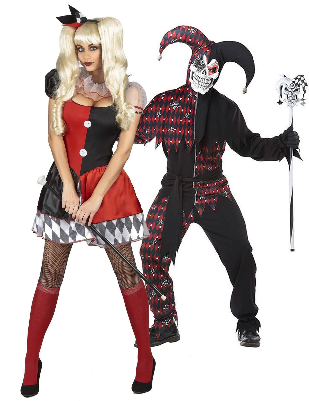 Fantasia de casal arlequim vermelho assustador para adulto