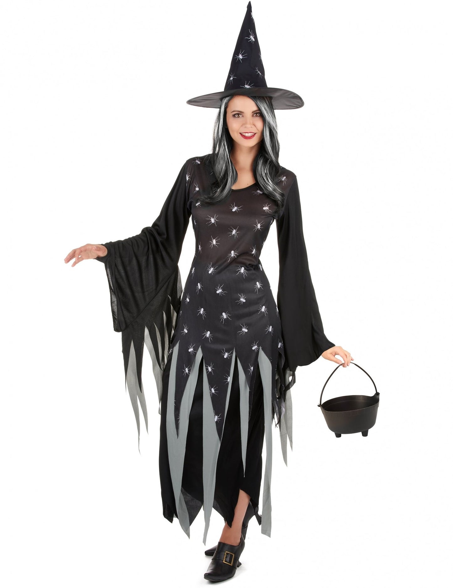 Pack disfarce de bruxa mulher com caldeirão e peruca Halloween