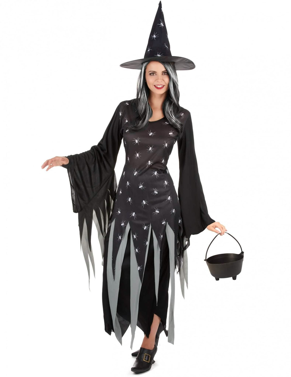 Pack disfarce de bruxa mulher com caldeirão e peruca Halloween