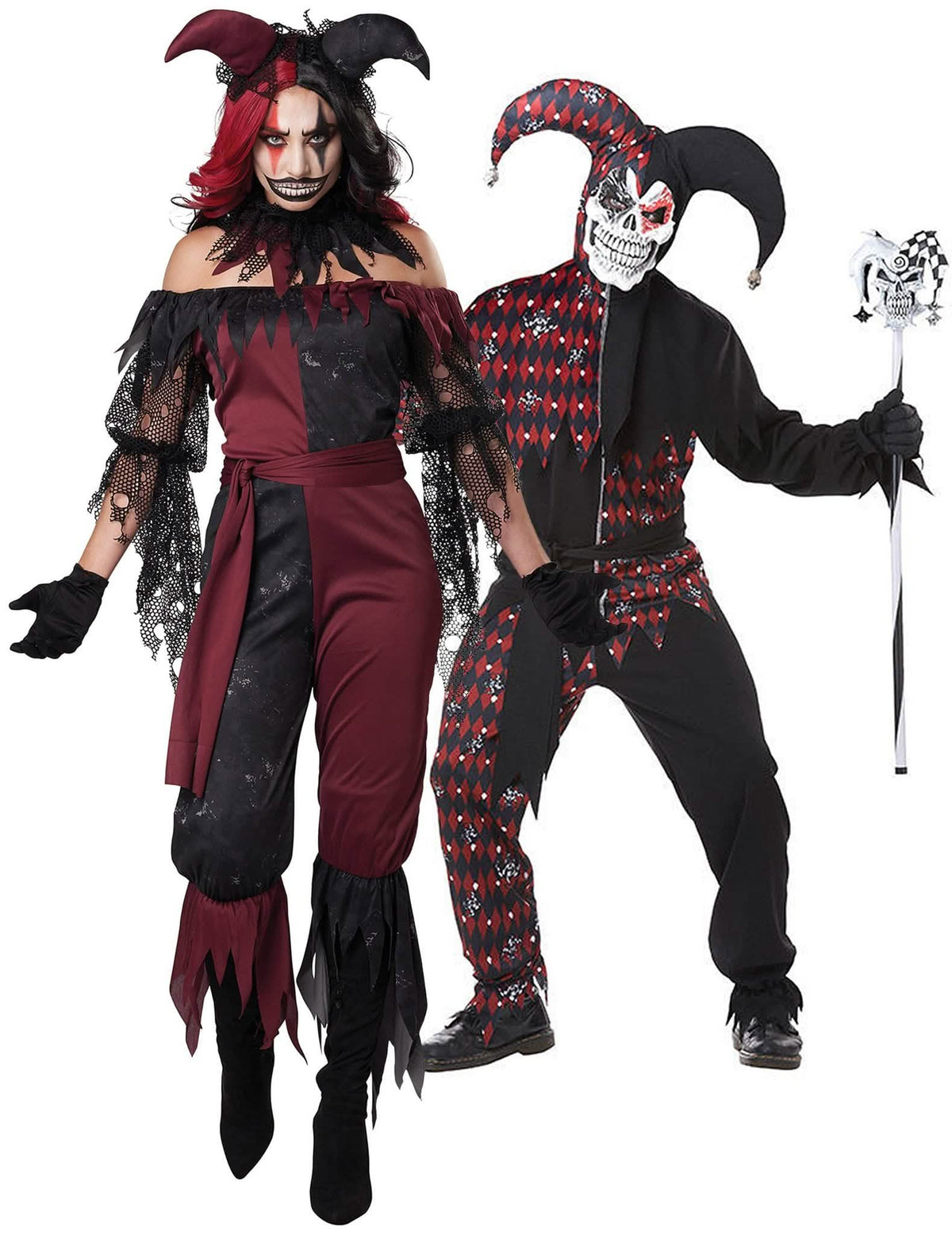 Fato de casal arlequim e coringa psicopata adulto