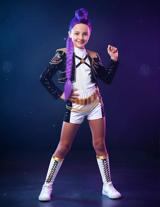 Kit de fantasia e peruca Rumi Gold Kpop Demon Hunter™ para menina
