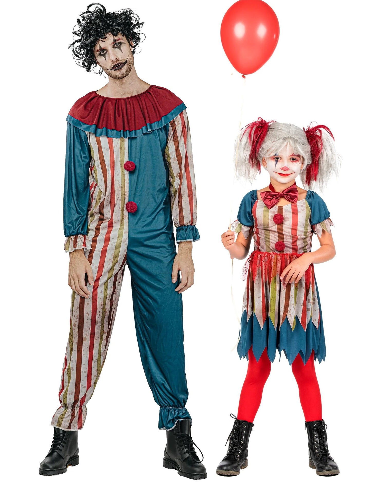 Fato de palhaço colorido para pai e filha no Halloween
