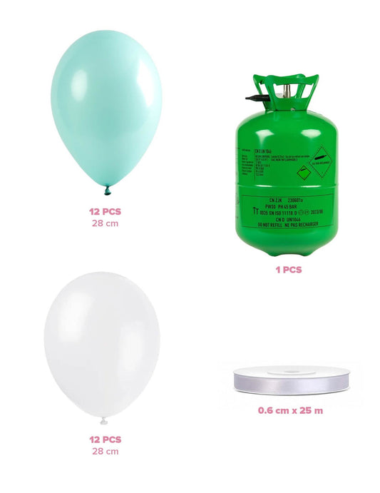 Kit de cilindros de hélio com 12 balões de menta 12 balões brancos e fita