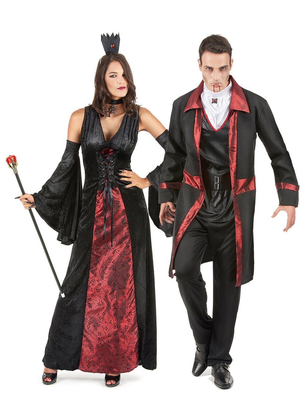 Disfarce de casal vampiro vermelho e preto Halloween