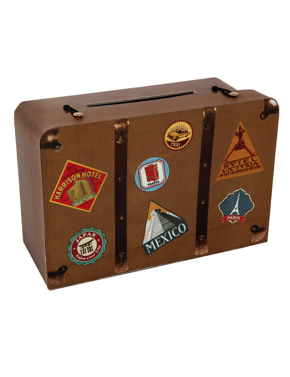 Caixa de poupança em cartão em forma de urna, mala de viagem vintage castanho com autocolantes de viagem