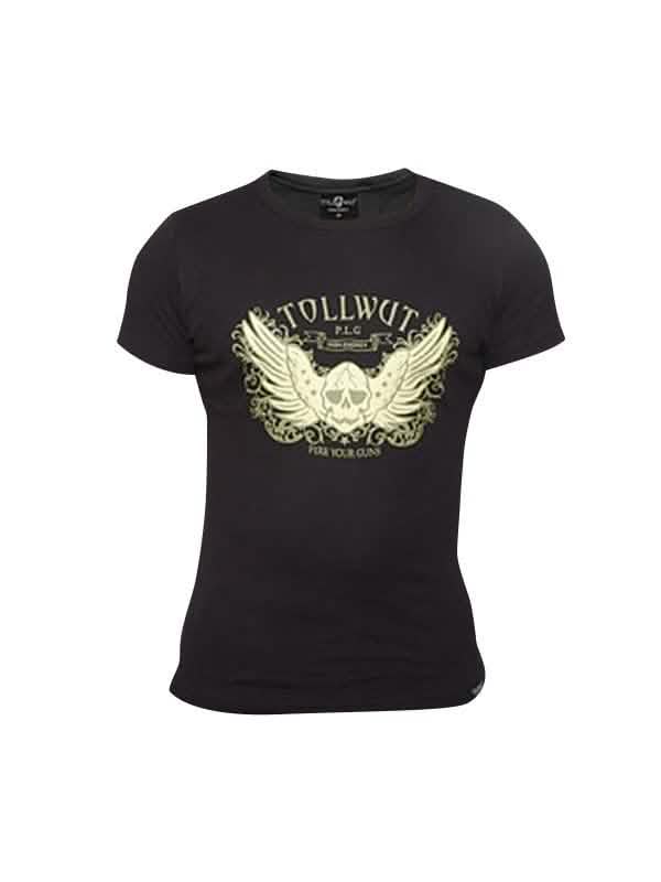 T-shirt Tollwut Street Wear 'BREAKOUT' para homem preto com motivo de caveira alada