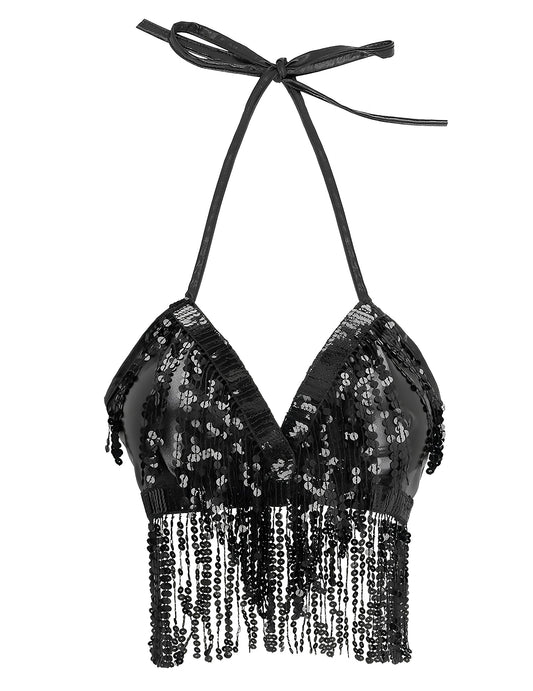 Vue de face du top avec franges et sequins pour femme noir