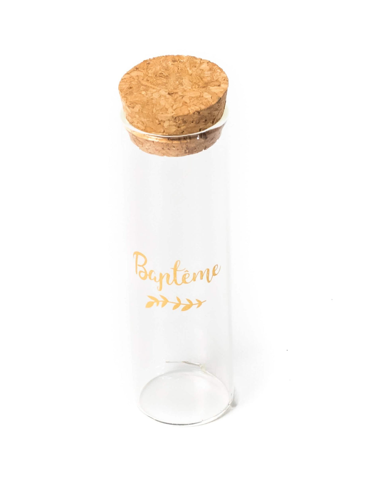 Tubo de ensaio em vidro para batizado com louro dourado e rolha de cortiça