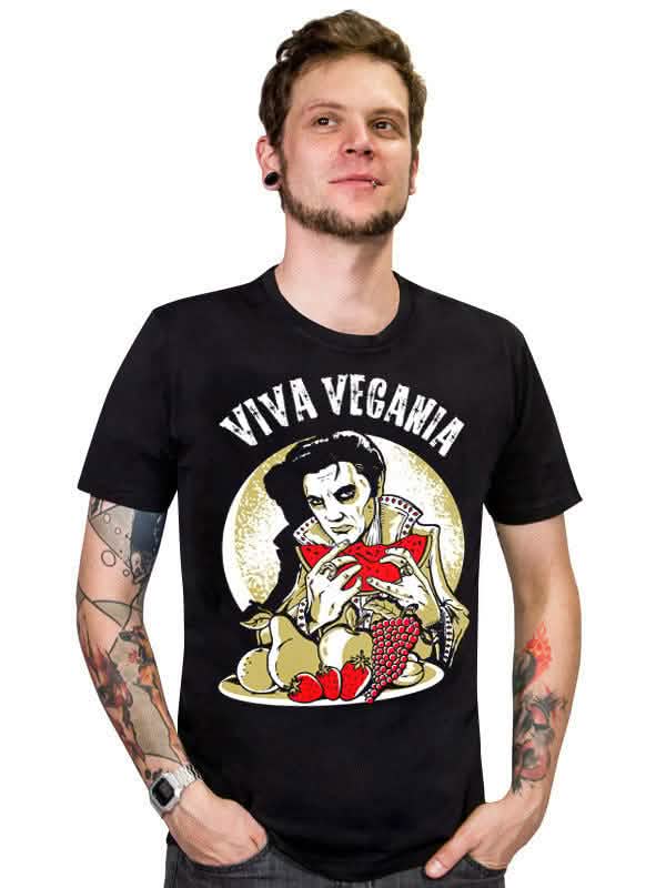 T-shirt vegan Viva Vegania para homem preto com motivo de paródia de Elvis e frutas