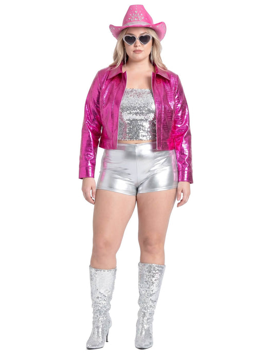 Casaco croco metálico rosa mulher