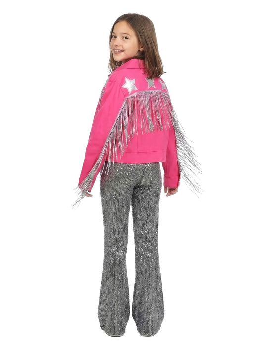 Casaco western com franjas rosa para menina